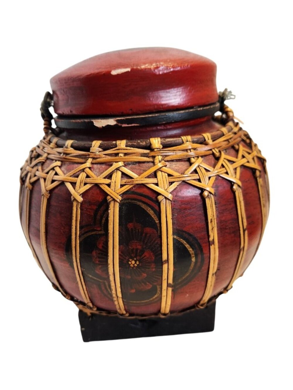 Vintage Asian Thai Handmade Lacquered Bamboo Rice Container Hand Painted READ
